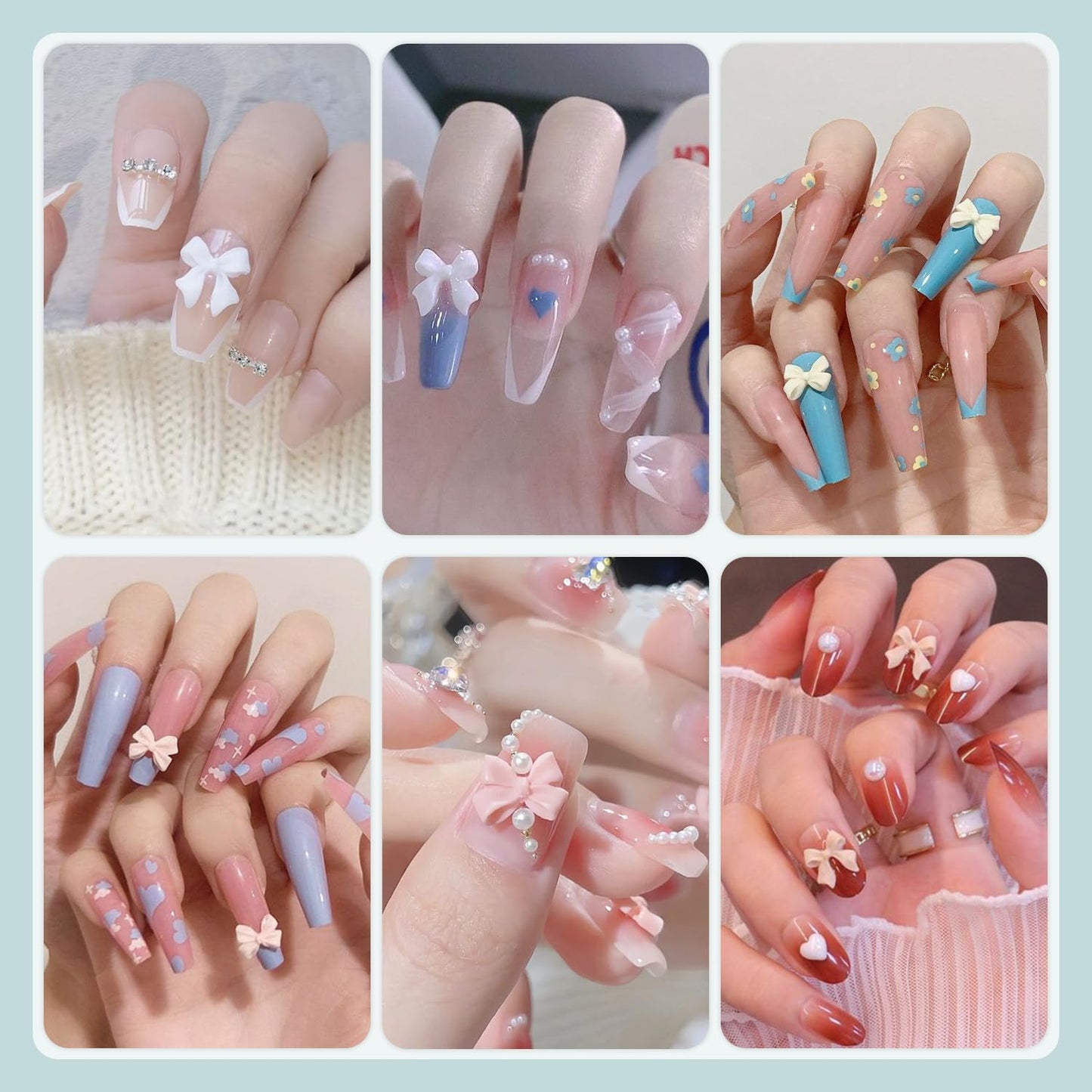 3D Nail Charms and Flatback Pearls #3, 600 Pcs Pink White Lilac Multi Styles Bowknot Charms + Pink&White Star Heart Nail Jewels + 2-6mm White Nail Pearls for Nail Art Design with Pickup Tools