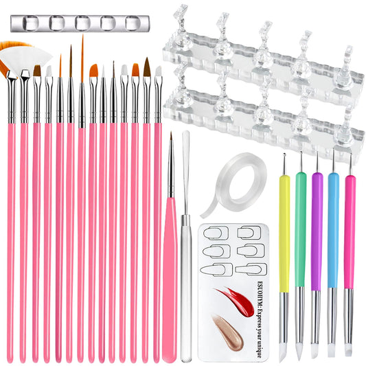 ESUOHYM Nail Stand For Press On With Nail Art Brushes Nail Holder For Painting Practice Display Presson Nails Nail Art tools Set with Nail Dotting 3D Sculpting tools, Practice Kit Tech