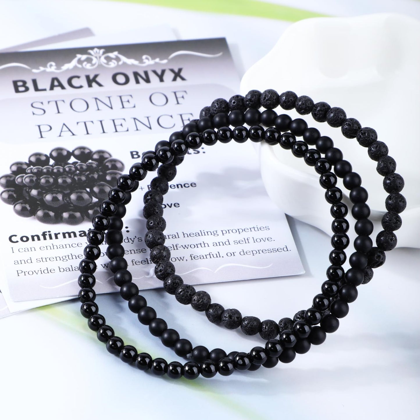 CMBYN 3-Pieces 4mm Natural Crystal Gemstone – ﻿Black Lava, Black Onyx, Matte Black Agate Handmade Reiki Energy Healing Stretch Bracelets Jewelry for Yoga, Meditation, Unisex