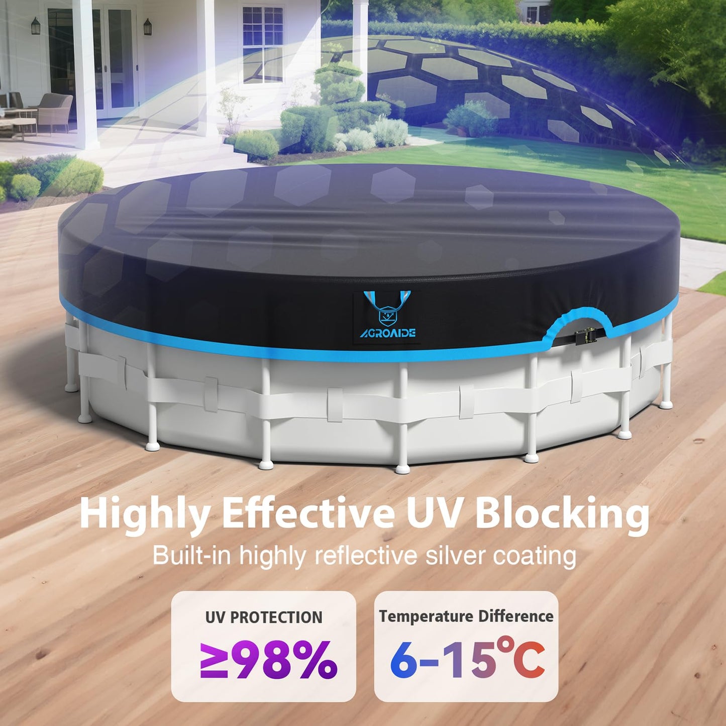 AGROAIDE 10ft Pool Cover, 420D Oxford Fabric for Above Ground Pool with Ratchet Tie Downs - All Season Use, Tear Resistant, UV & Dust Proof