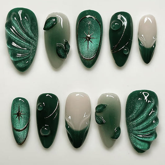 24Pcs Green Press on Nails Medium Almond Fake Nails with 3D Leaves Designs Spring False Nail Reusable Green French Tip Acrylic Nails Glossy Silver Star Full Cover Glue on Nails for Women