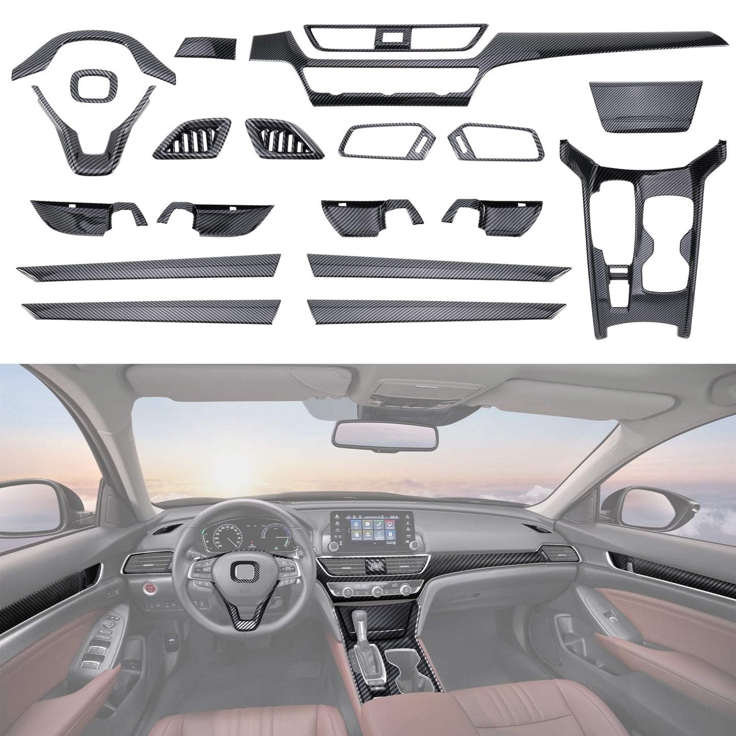 Fancemot 20 Pcs Carbon Fiber Interior Kit, Gear Shift Panel Cover AC Air Vent Cover Side Door Panel Strip Cover Steering Wheel Cover Compatible with Honda Accord 10th Gen 2018-2022