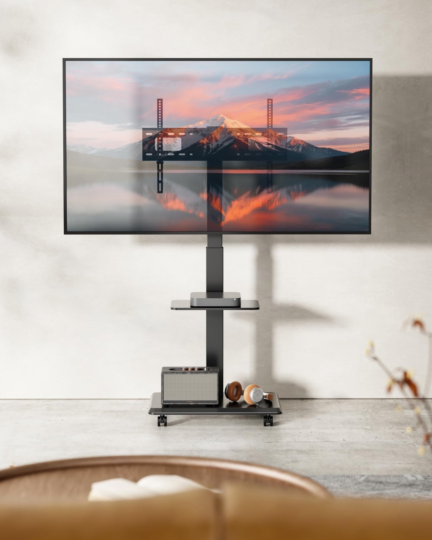 ECOTINY Steel Base Rolling TV Stand for 32-75 inch TVs up to 110 lbs, Leveling & Tilt & Swivel Mobile TV Stand with Hidden Wire Management, Height Adjustable Portable Tv Stand with Steel Shelf, Black