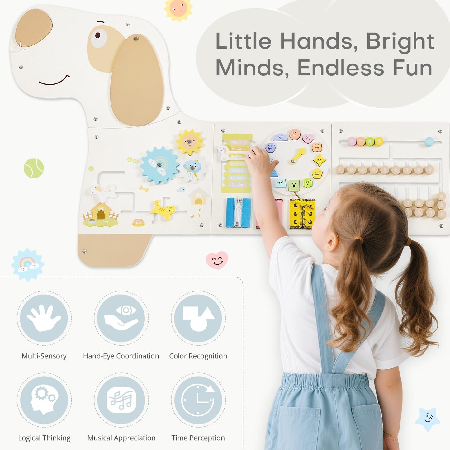 PIIKAGO Wooden Dog Wall Busy Board Panels, Sensory Wall Activity Board for Toddlers 1-3, Montessori Learning Activity Center, Educational Toys for Kids Room, Preschool & Daycare