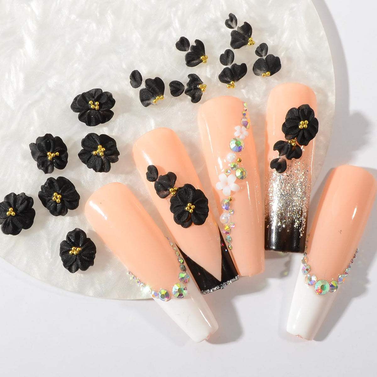 BAIYIYI 30PCS Handmade Acrylic Flowers Nail Art Charms Cute Y2K Summer Floral with Caviar Beads Design High-end Craved Flower Petal Nails Charms for Women Profession Nail Art Craft Jewelry