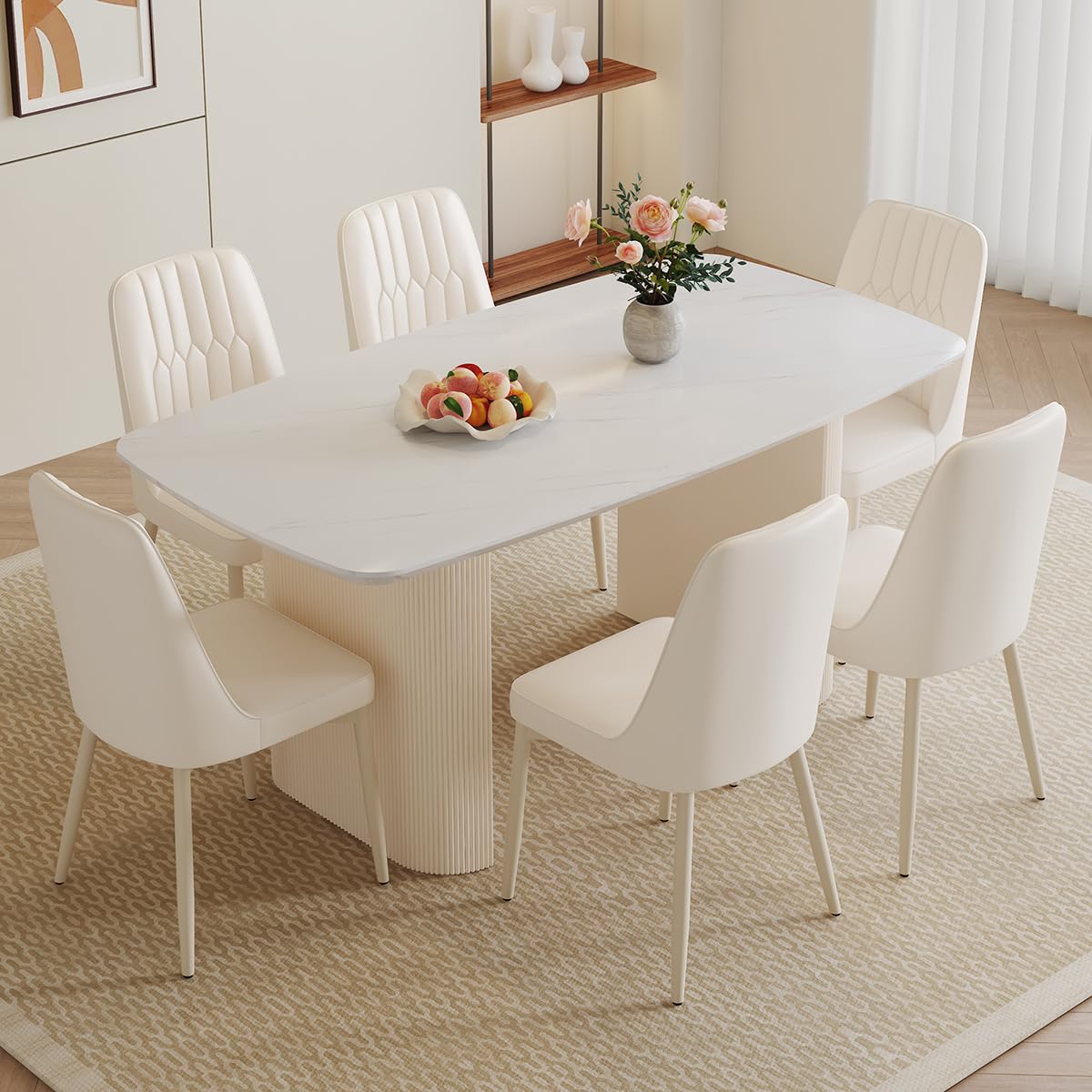 Ebullient 67'' White Dining Table Set for 6, Kitchen Table Chairs Set with Sleek Ripple Pedestal Base, Modern Dining Table Set with 6 Metal Leg Chairs, Ideal for Dining Room, Living Room, Saving Space
