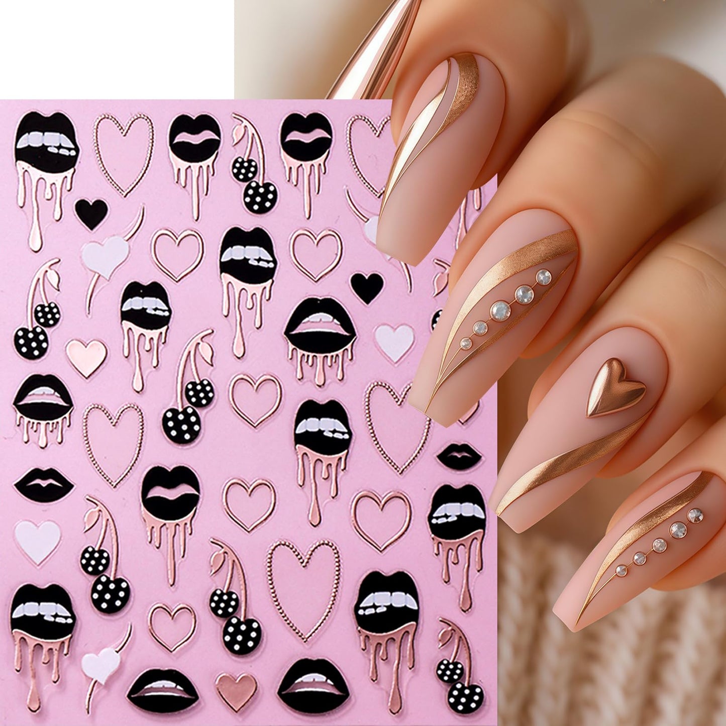 6 Sheets Black Lips Nail Stickers Valentines Nail Decals Self-Adhesive Rose Gold Heart Cherry Sexy Lips Nail Design Hollow Heart Nails Supplies DIY Manicure Accessories for Women Nails Decorations