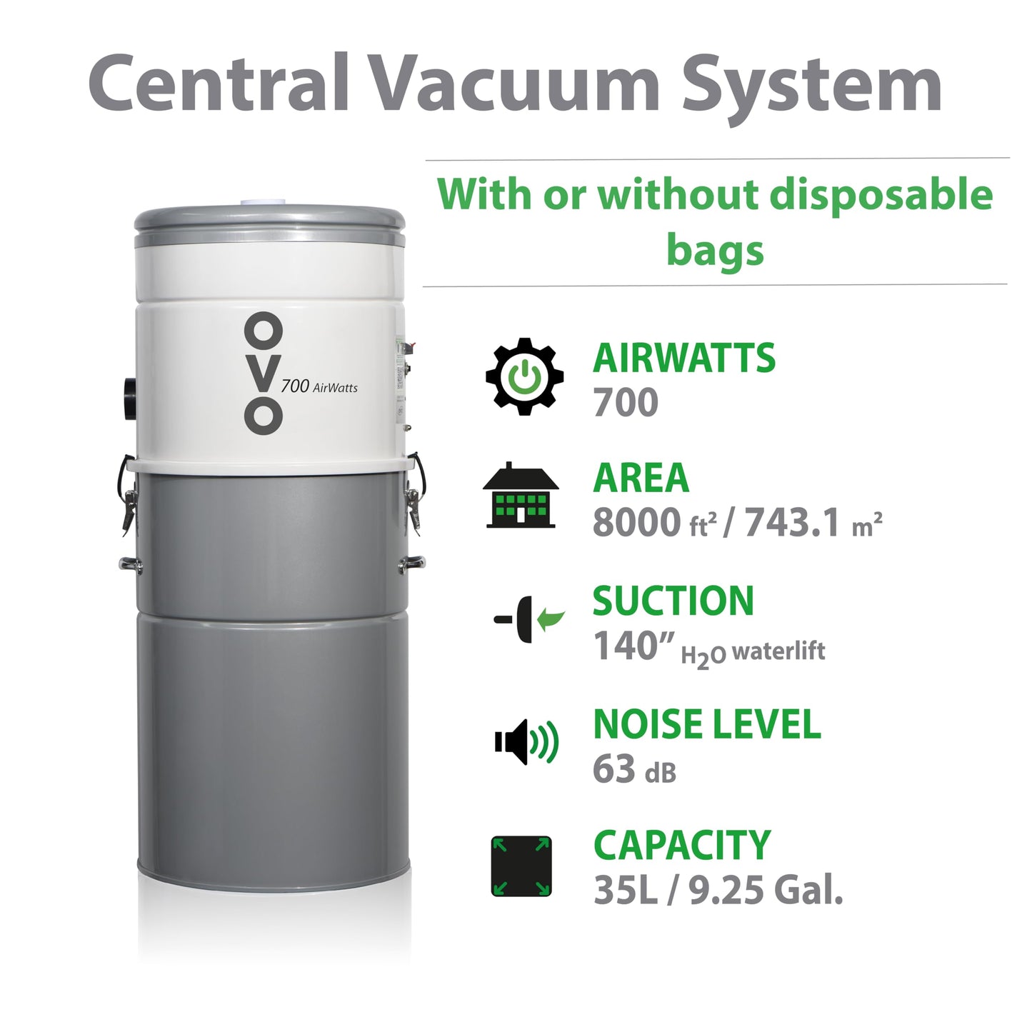 OVO Unit Heavy Duty Powerful Central Vacuum System, Hybrid Filtration (with or Without Disposable Bags) 35L or 9.25Gal, 700 Air watts with 35 ft Carpet Deluxe Accessory Kit, Silver