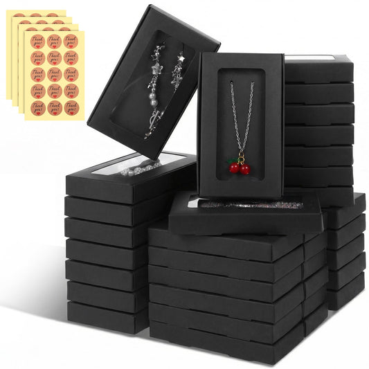 Tobeelec 50 Pcs Jewelry Packaging Boxes with Stickers - 5.4"x3.4"x0.7", Paper Necklace Gift Box Bulk with Clear Window Display Card Sticker for Displaying Necklaces Rings Bracelets Earrings (Black)