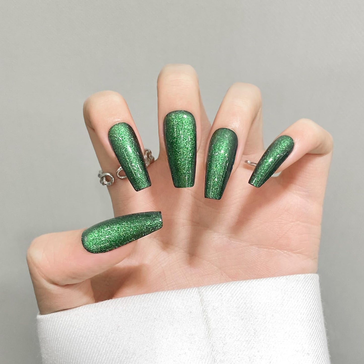 Dark Green Cat Eyes Press On Nails,12 Sizes - 24 Pcs Soft Gel Green Medium Coffin Fake Nails Kit with Nail Glue, Natural Reusable Stick On False Nails for Women and Girls SK0998