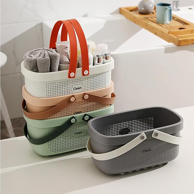 JiatuA Plastic Storage Basket with Handle Portable Shower Caddy Tote Organizer Basket Bin for Bathroom Kitchen Dorm Room Bedroom, Gray