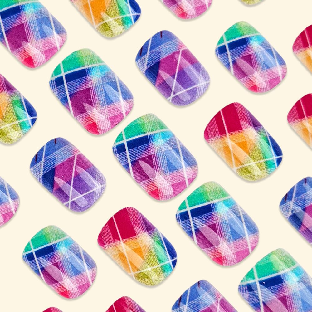 Press on Nails Short Square Colorful Fake Nails with Designs Summer False Nail Short Square Nails Press ons Fingernails Full Cover Artificial Acrylic Stick on Nail for Women 24PCS
