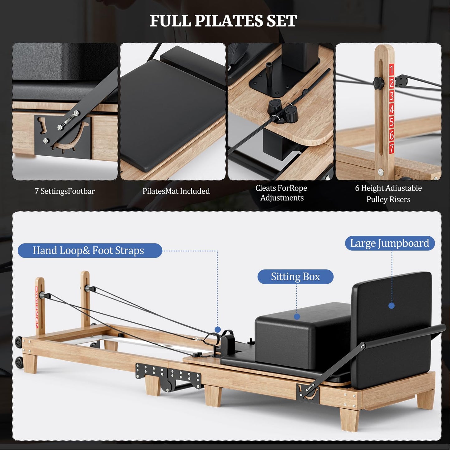 92" Foldable Solid Wood Pilates Reformer for Home with 6 Springs, Jump Board and Box, Professional Home Gym Machine for Core Strength, Stability and Full-Body Toning Includes 2 Grip Socks