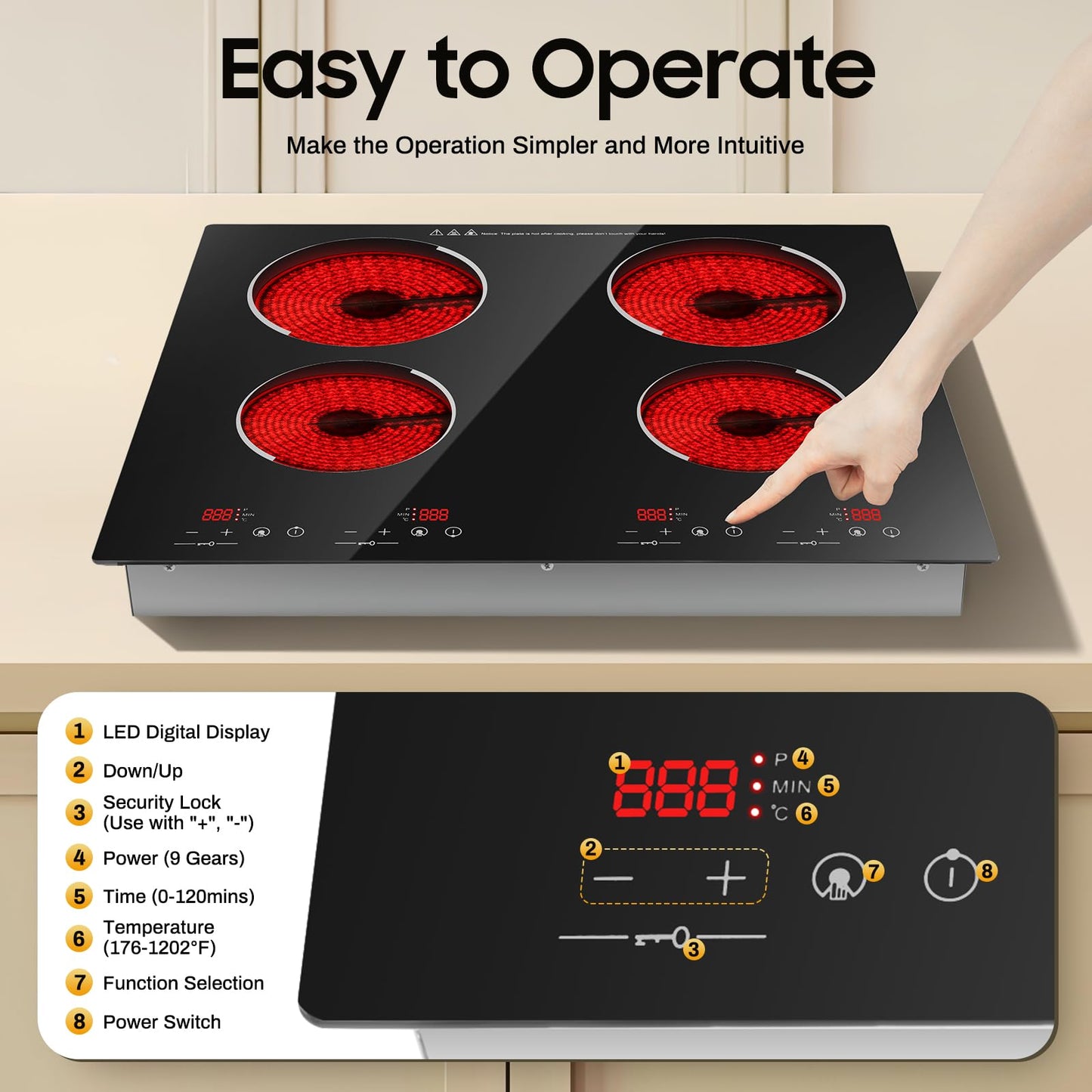 4 Burners Electric Cooktop, 110v 3000W Ceramic Cooktop, 24 Inch Countertop & Built-in Electric Stove Top with Child Safety Lock, Timer, Over-Temperature Protection, Sensor Touch Control