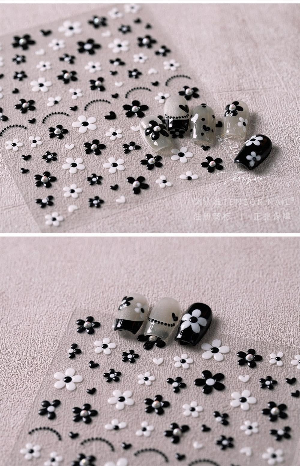 5D Embossed Flower Nail Art Stickers Black White Flower Nail Stickers with Pearl Design Self-Adhesive Nail Decals for Women Girls Spring Summer Manicure DIY Nail Supplies