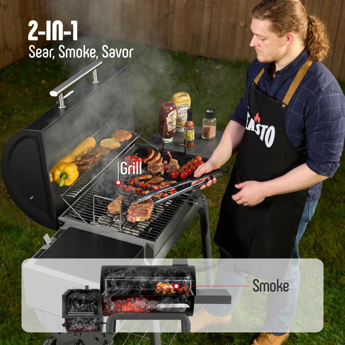 Feasto BBQ Charcoal Grill with Offset Smoker Grill and Side Table, 30-In Heavy-Duty Outdoor BBQ Grill with 832 Sq. In. Cooking Space for Outdoor Barbecue in Backyard, Patio and Parties, Black