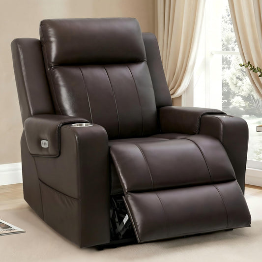 FLEXISPOT Truffle Genuine Leather Power Recliner w/ 1.2" Wall-Hugger Clearance, Electric Zero-Wall RV Recliner w/Adjustable Headrest, Massage & Heat, Home Theater Sofa, FSC-Certified, Chocolate