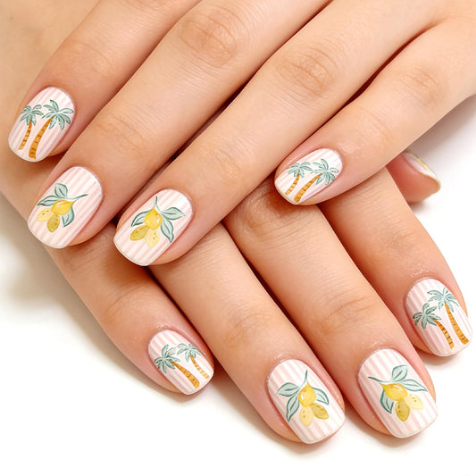 Palm Tree Short Square Press on Nails with Tropical Design Glossy Pink Strip Fake Nail Fruit False Nails Summer Glue on Artificial Fingernails Lemon Full Cover Stick on Nail for Women Daily Wear