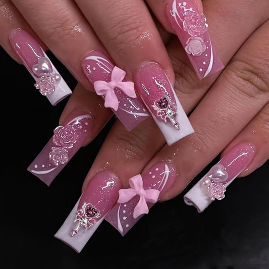 Octoswave Square Press on Nails Medium Fake Nails White 3D Artificial Nail Bow and Flowers Stick on Nail for Women 24pcs