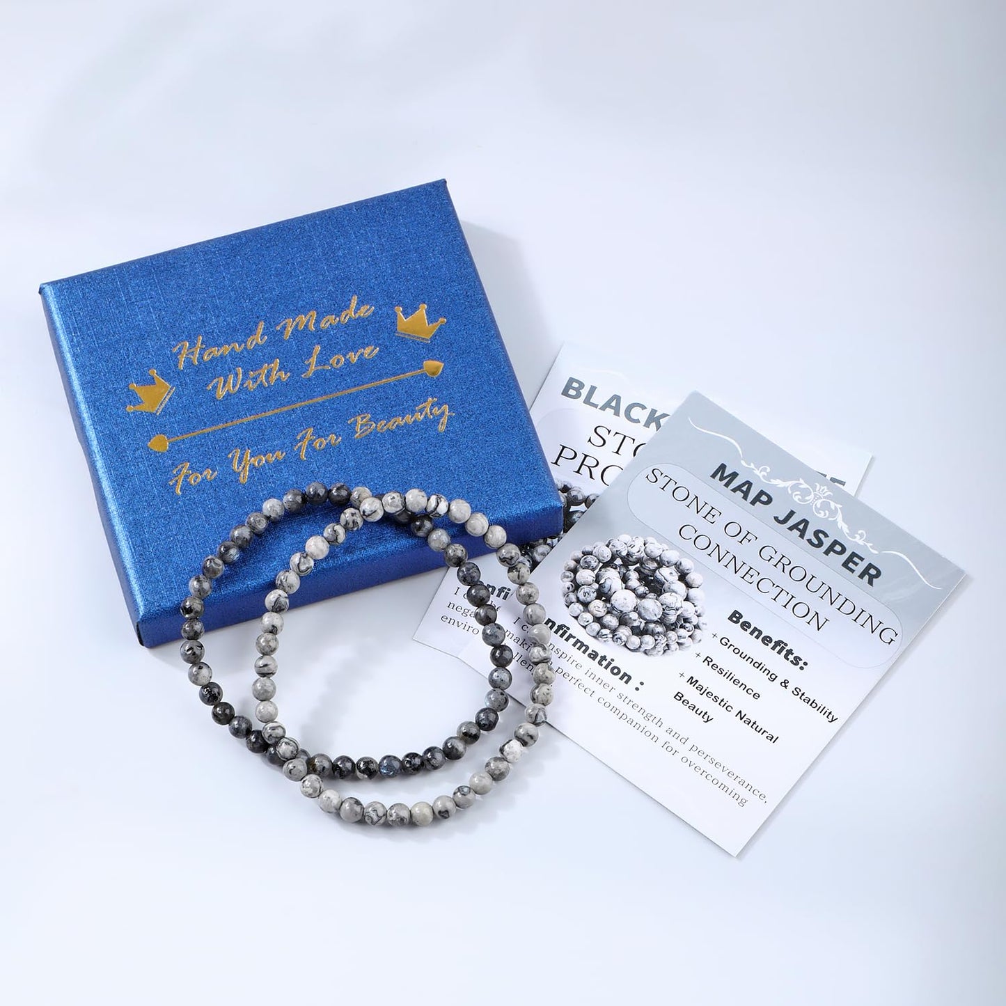 NCB 2-Piece 4mm Natural Crystal Gemstone Stretch Bracelets – ﻿Black Larvikite, Map Jasper Handmade Reiki Energy Healing Jewelry for Meditation,Yoga, Unisex