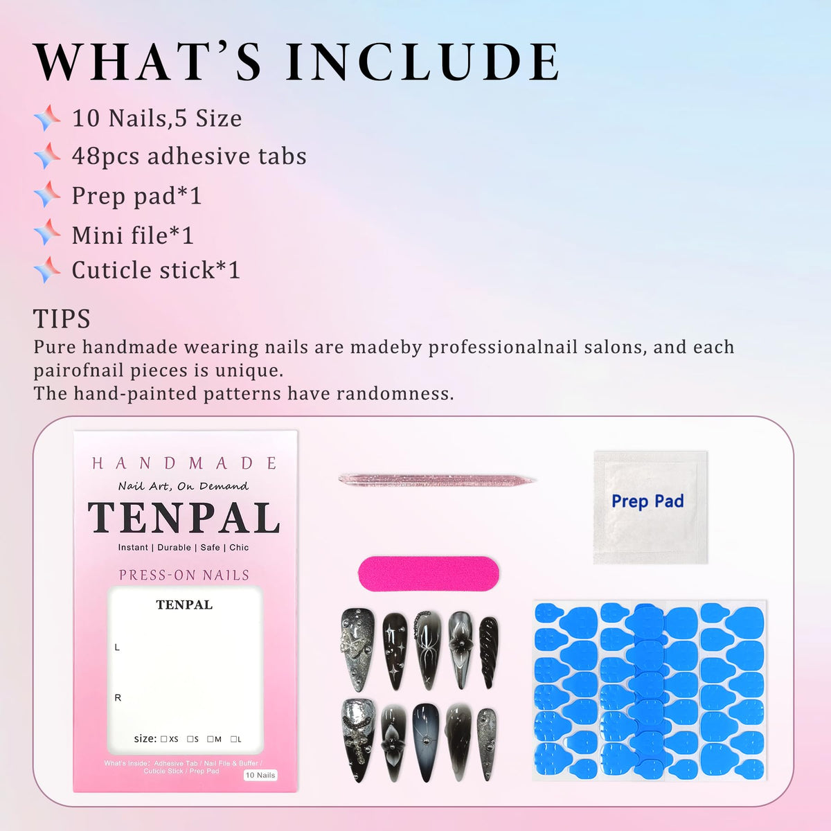 TENPAL 10Pcs Y2K Press On Nails With Tools,Handcuff Star & Skull 3D Charms Long Stiletto Fake Nails,Glossy Edgy Sweet Glitter Acrylic Glue on Nails for Concert Festival Party,Handmade Long Nails(XS)