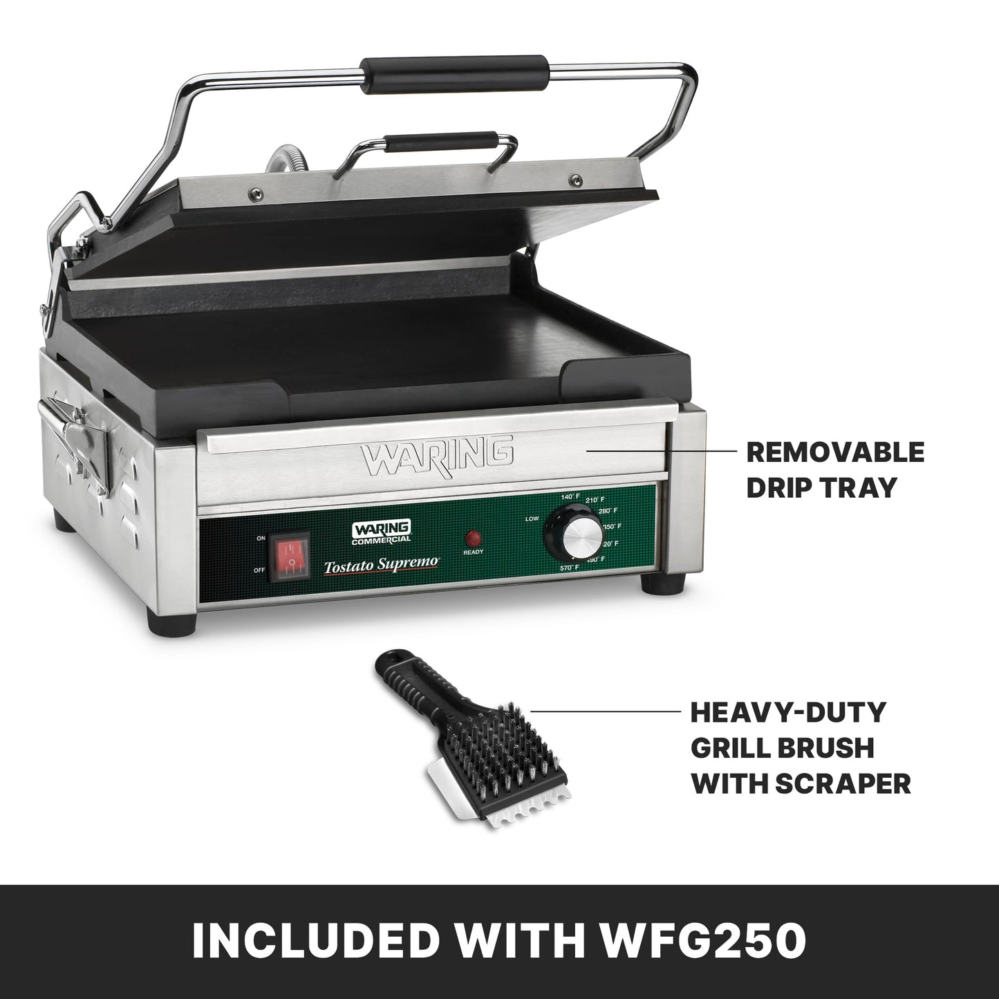 Waring Commercial WFG250 Tostato Supremo® Large Flat Toasting Grill, 120V, 1800W, 5-15 Phase Plug, Silver