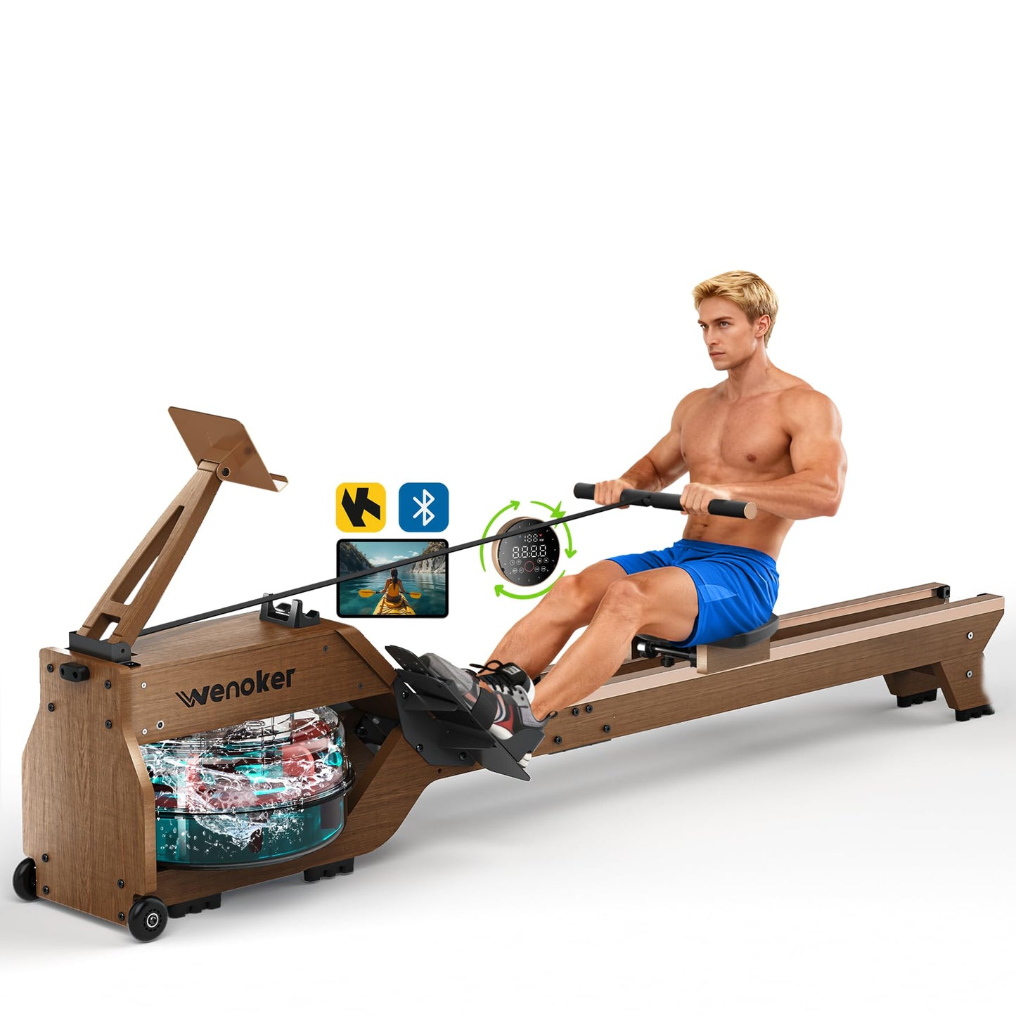 WENOKER Water Rowing Machines for Home Use, Water-Magnetic Dual Resistance Rower Machine with Smart Electronic Knob,Wooden Row Machine with Bluetooth App Compatible for Home Gym Exercise 350 LBS