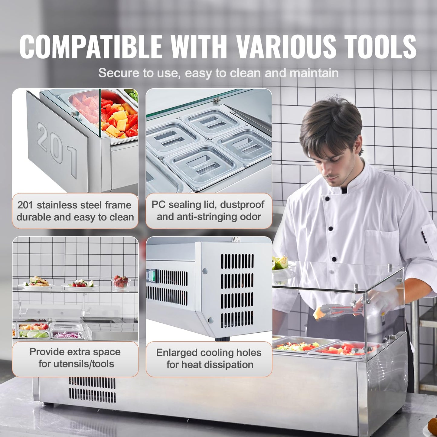 VEVOR Condiment Prep Rail Station, 135 W Countertop Refrigerated Condiment Station, with 2 1/3 4 1/6 Pans, 304 Stainless Body and PC Lid, Sandwich Prep Table with Glass Guard, ETL, Silver