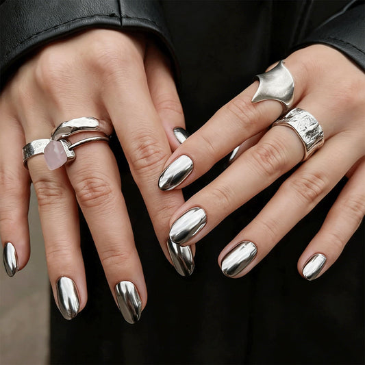 Silver Chrome Press On Nails Short Almond Nails Press Ons Metallic Mirror Fake Nails Glossy Acrylic Nails Full Cover Stick On Nails For Women Girls Decorations Supplies 24Pc
