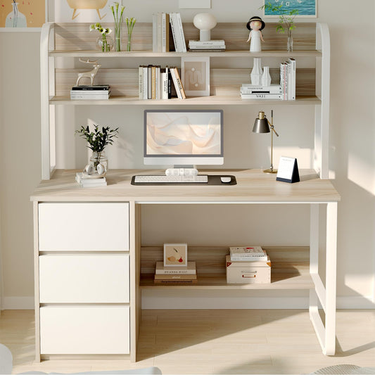 MaverickFurni Computer Desk with Hutch, 47 Inch Small Desk with 3 Drawers for Bedroom, Study Writing Desk with Shelves for Small Spaces, Adjustable Feet, White and Walnut