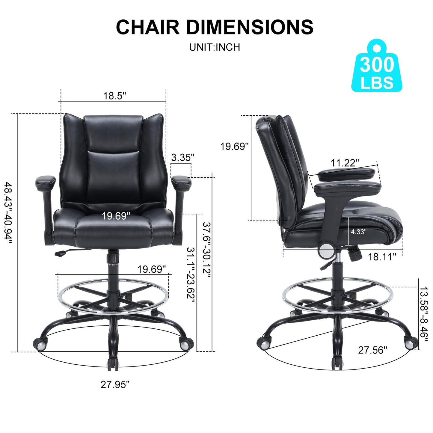 OLYFING Drafting Chair, Tall Office Chair with Padded Adjustable Arms and Footring PU Leather Standing Desk Chair with Extra Thicken Seat Cushion, Comfy High Office Chair for Counter Height Desk