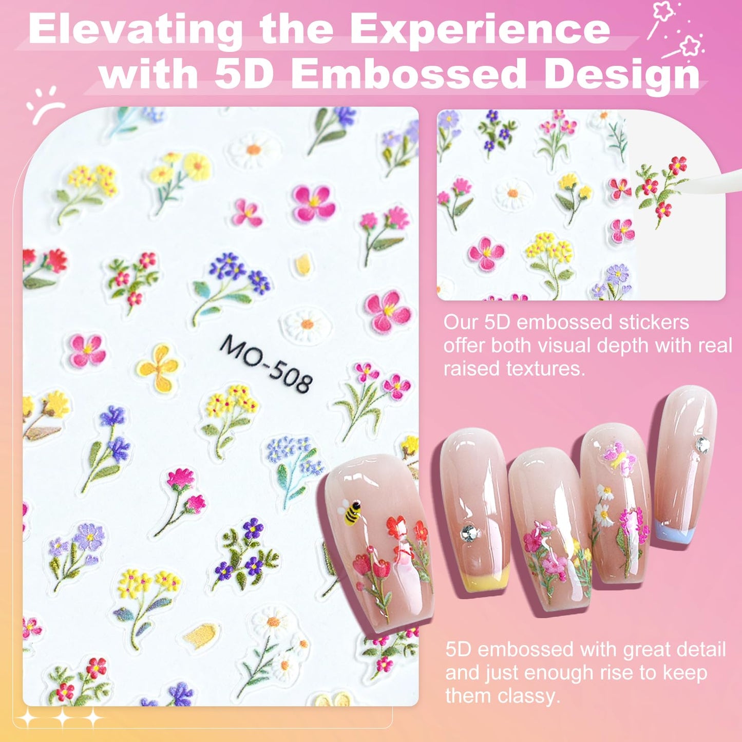 Flower Nail Art Stickers 5D Embossed Nail Decals for Nails Art Design Self-Adhesive Spring Summer Daisy Floral Leaf Plant Nail Accessories for Women Manicure DIY Art Decoration 6 Sheets YX1226