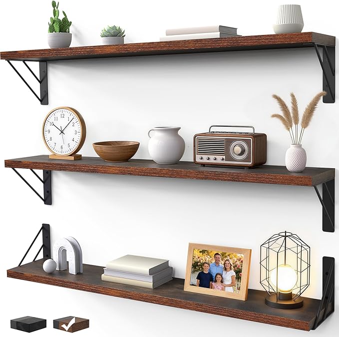BAYKA Wall Shelves for Bedroom Decor, Floating Shelves for Wall, Display Mounted Rustic Wood Shelf for Books,Plants,Corner Shelves for Bathroom,Kitchen,Living Room(Rustic BrownÃ¯Â¼Â36inÃ¯Â¼ÂSet of 3)