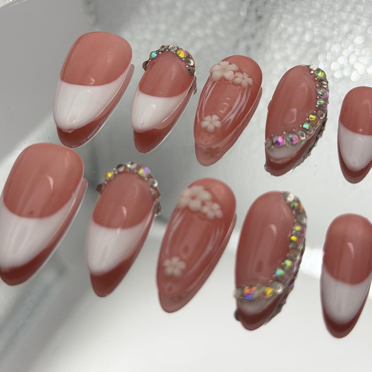 Press on Nails 10-Pack, 25mm Almond Shape Acrylic/UV Gel Fake Nails - Pink & White French Tip with Floral Rhinestone Design, Reusable Glossy Stick-on Nails for Women (Pink, S)