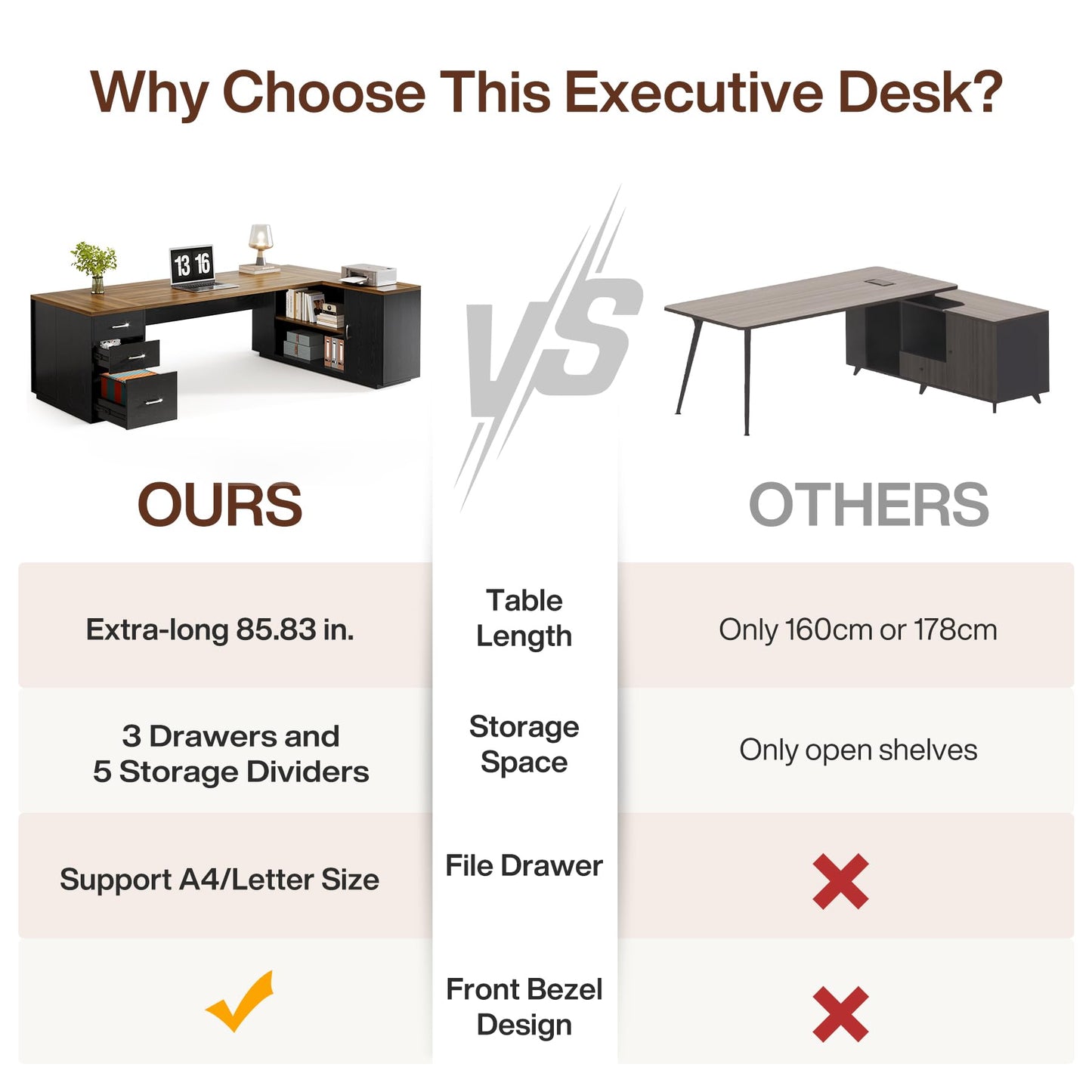 Tribesigns 85.8-Inch L-Shaped Executive Desk with File Drawers, Door Cabinet & Shelves, Extra Large Commercial Office Desk, Modern Professional Office Table, Business Furniture, Warm Brown & Black