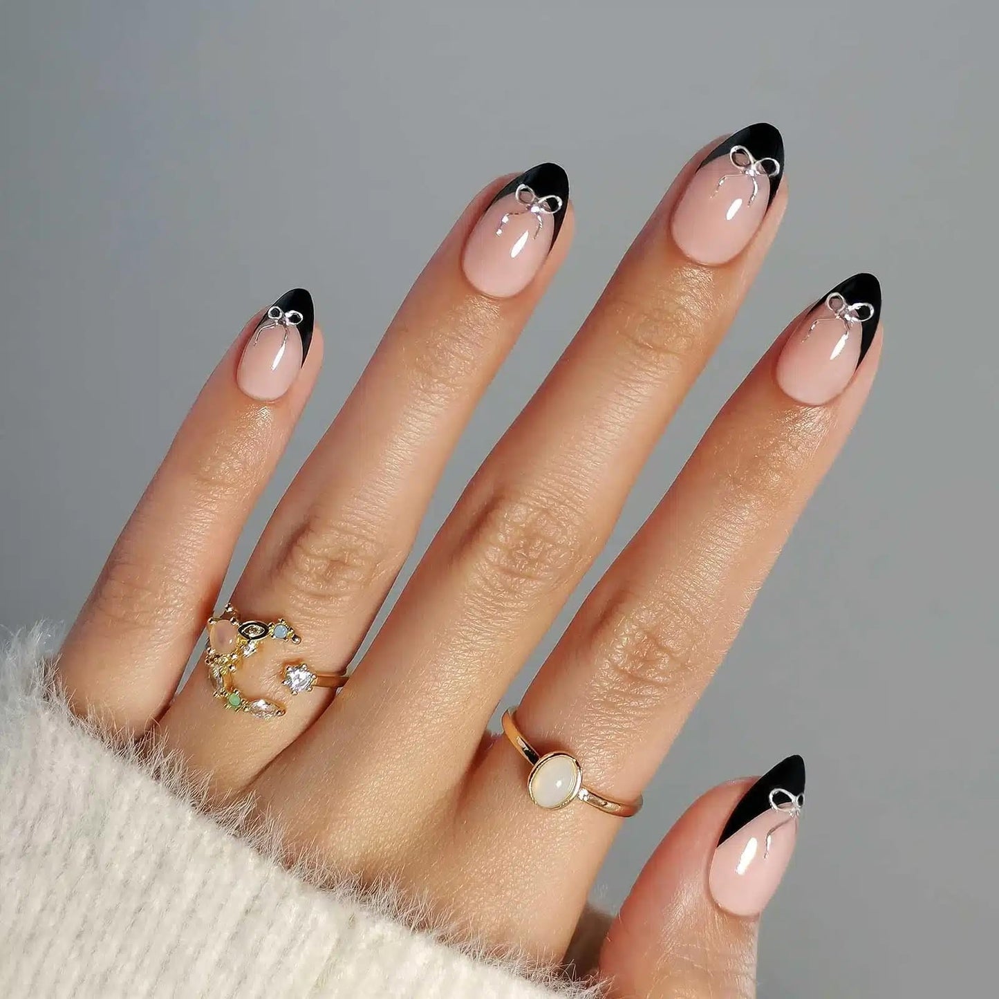 RPNZL Press On Nails - Black Tie | Black French Tip Press on Nails with 3D Bow Design - Soft Gel Almond Fake Nails I 32 Nails, 16 Sizes Kit with Glue and Adhesive Tabs I Female Founded