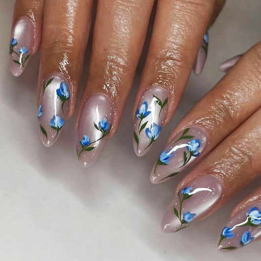 Press on Nails with Flower Design Floral Medium Almond False Nails Leaf Fake Nail Glossy Blue Glitter Glue on Nail Sparkly Stick on Fingernails for Women Sweet Daily Wear