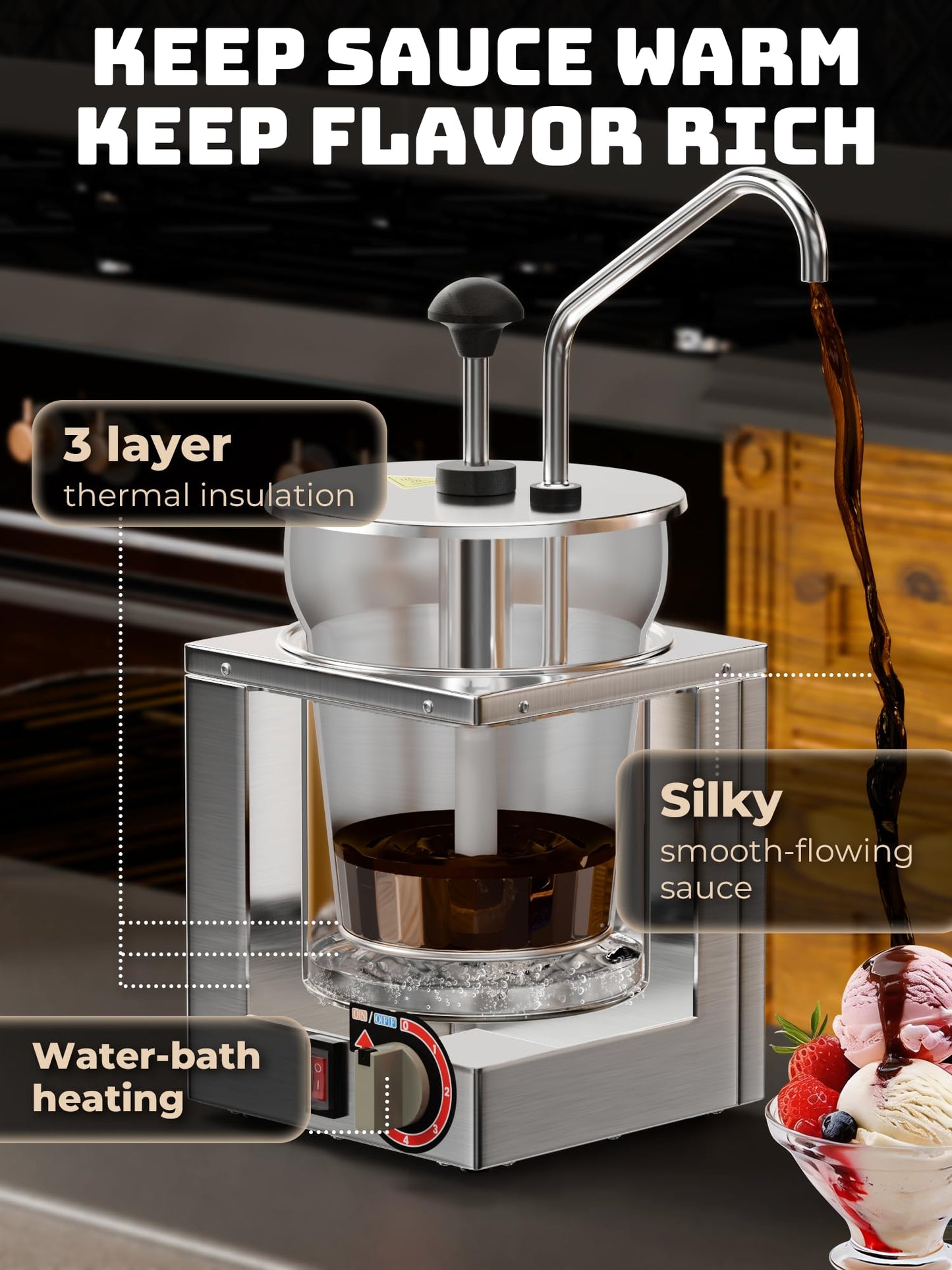 Nacho Cheese Dispenser with Stainless Steel Pump, Premium 4.2Qt Hot Fudge Warmer with 6-Level Temperature Adjustment, Commercial Sauce Heater for Butter Cheese Caramel Syrup