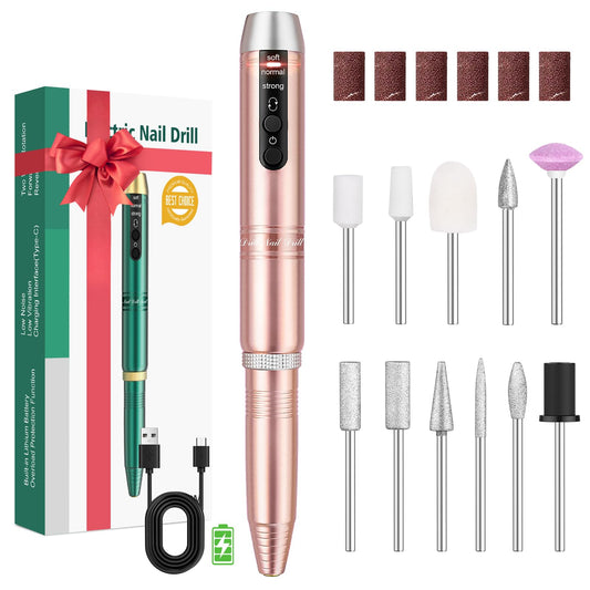Cordless Nail Drill, Portable Electric Nail File with 11 in 1 Nail Drill Bits for Acrylic Gel Dip Powder Nails, Rechargable Efile Nail Drill Machine Kit for Home Manicure Pedicure, Gold