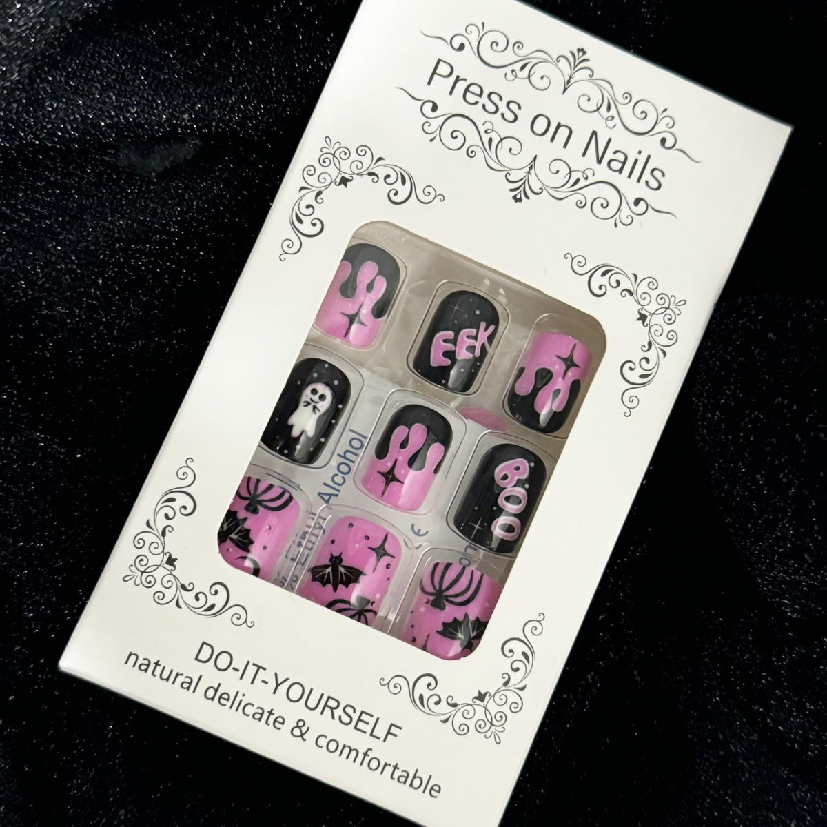 Short Halloween Press on Nail Square Fake Nails Black Pink False Nails Glossy Reusable Stick on Nail with Ghost Blood Spider Web designs Acrylic Artificial Nails for Women Kids Party Manicure24pcs