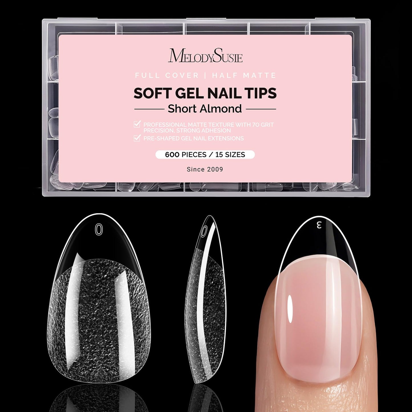 MelodySusie Short Almond X Nail Tips - 600Pcs 15 Sizes Clear Acrylic, Half Matte Full Cover Press on Nails for DIY Extension & Salon Use, Pre-Shaped for Long-Lasting Manicure