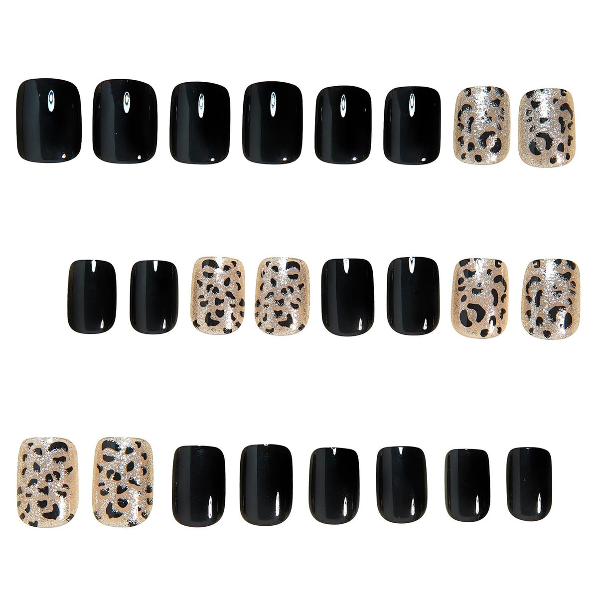 Obsidian Press on Nails Short Square CEWEWP Fake Nails Winter False Nail with Gold Glitter Black Leopard Print Designs Glossy Glue on Nail Full Cover Acrylic Nails for Women Girls 24Pcs