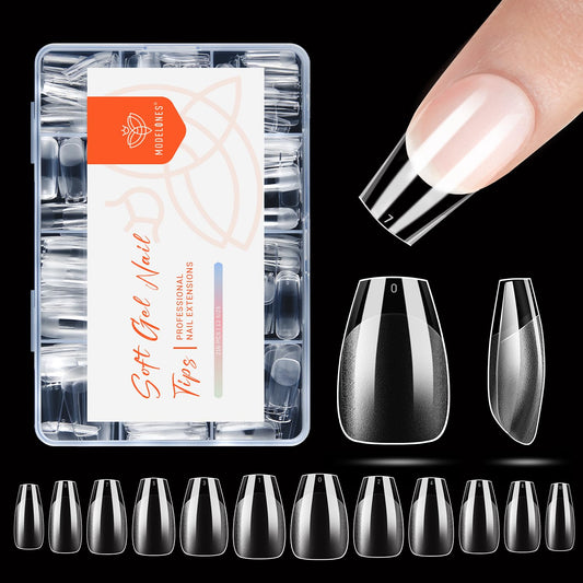 modelones Short Coffin Nail Tips, Pre-shaped Soft Gel Tips Fake Nails False Acrylic Clear Full Cover Press on Extension Kit Gel Manicure DIY at Home 216PCS 12Sizes