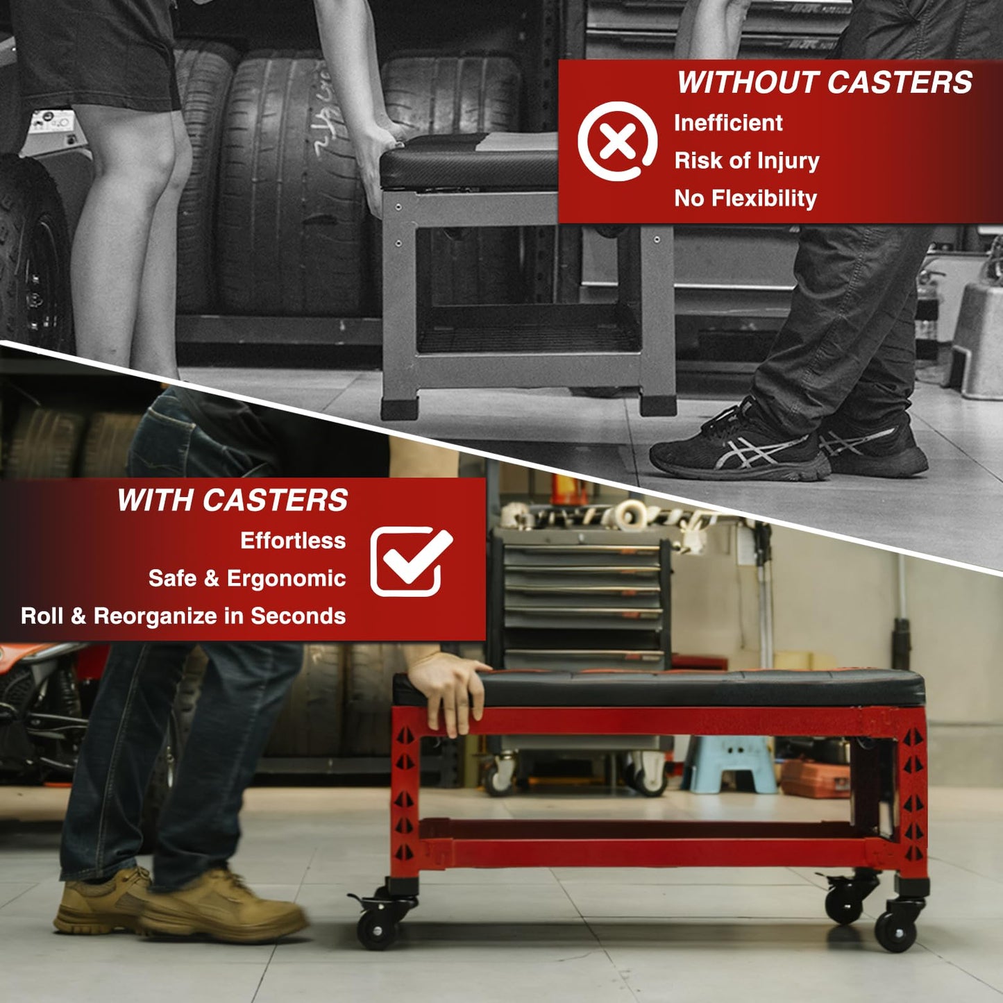FREEKYROCK Heavy Duty Garage Bench Stool with Removable Creeper Pad, 2 Storage Shelves & 4 Wheels, 500LB Capacity Mobile Work Seat for Workshop, Car Repair, Red