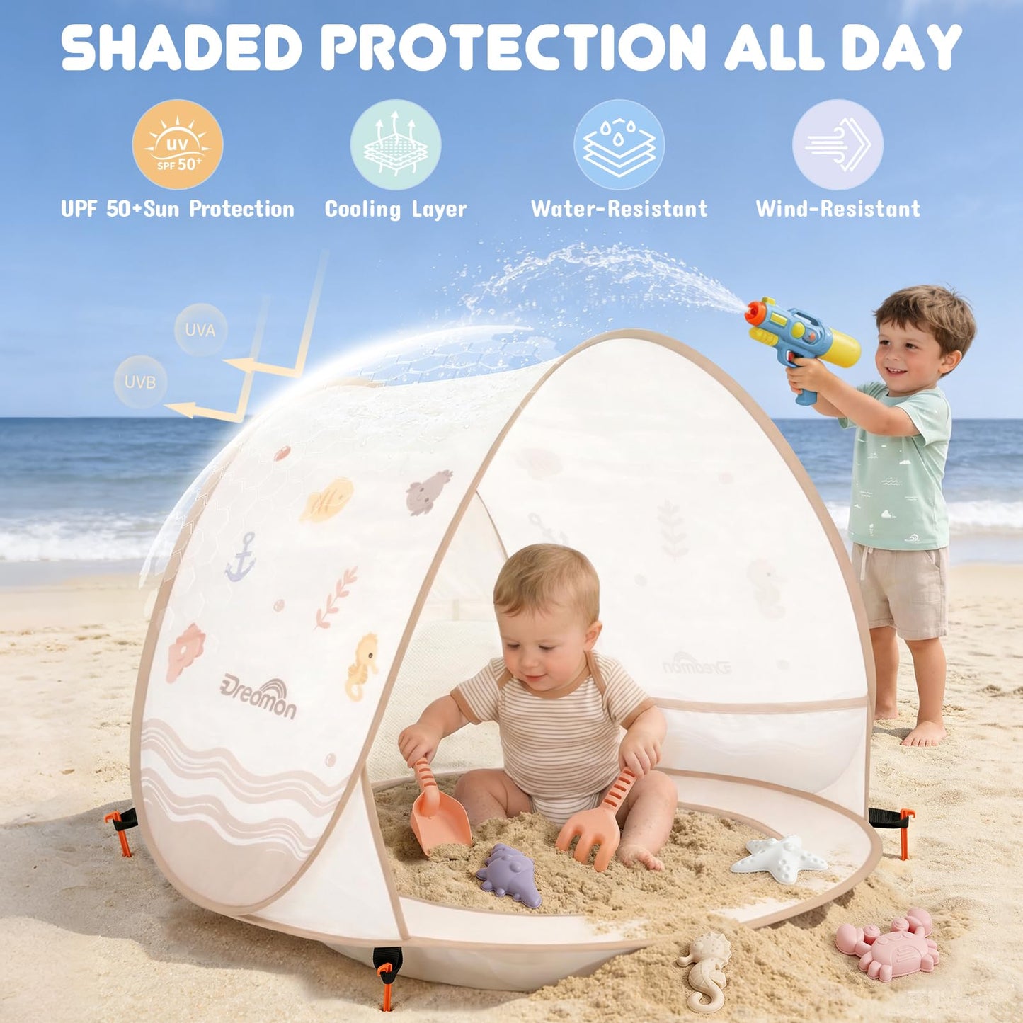 Baby Beach Tent with Pool – Dreamon Pop Up Shelter UV Protection for Infant, Foldable Kids Play Tent with Beach Toys Set and Carry Bag, Summer Outdoor Use Portable Baby Beach Essentials