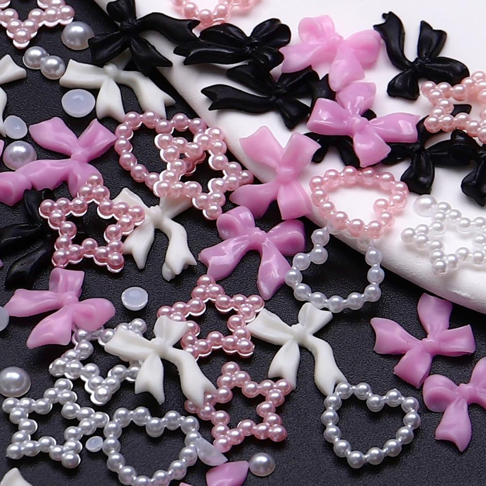 Bow Nail Charms 3D Resin Pink White Black Nail Gems Cute Silver Pearl Beads Nail Jewels Shiny Star Hearts Bowknot Nail Art Supplies for Women DIY Acrylic Nail with Tweezers 12 Grids 1 Box 12 Styles