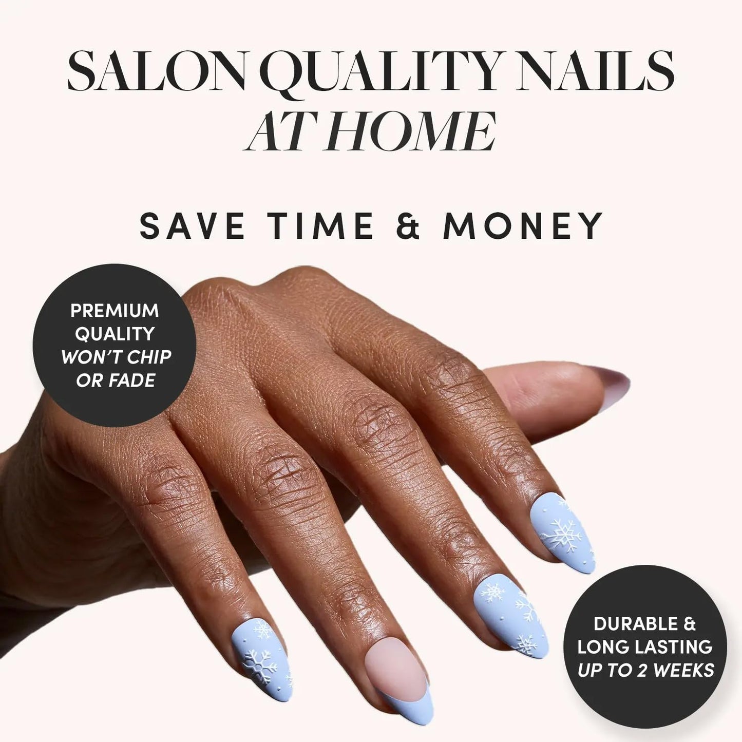Glamnetic Press-On Nails Bundle - Candy Crush & Snow Bunny | Short Oval Fake Nails with Candy Cane Swirl Design and Velvet Finish | Pale Blue Short Almond Fake Nails with French Tips & 3D Snowflake De