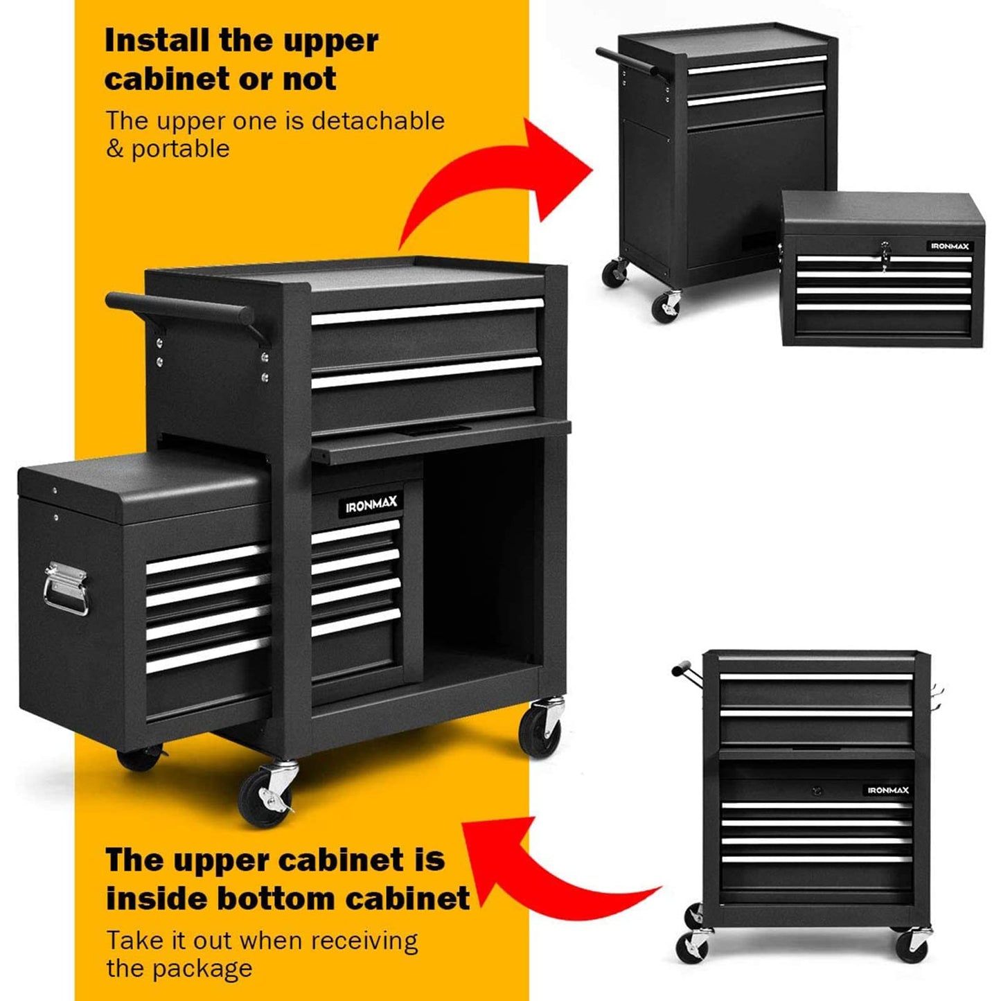 Goplus Tool Chest, 3-in-1 Rolling 6 Drawers Tool Cabinet with Detachable Top Toolbox, Middle Tool Storage, Universal Lockable Wheels, Protective Liner, Auto Lock, Metal Tool Box for Garage Workshop