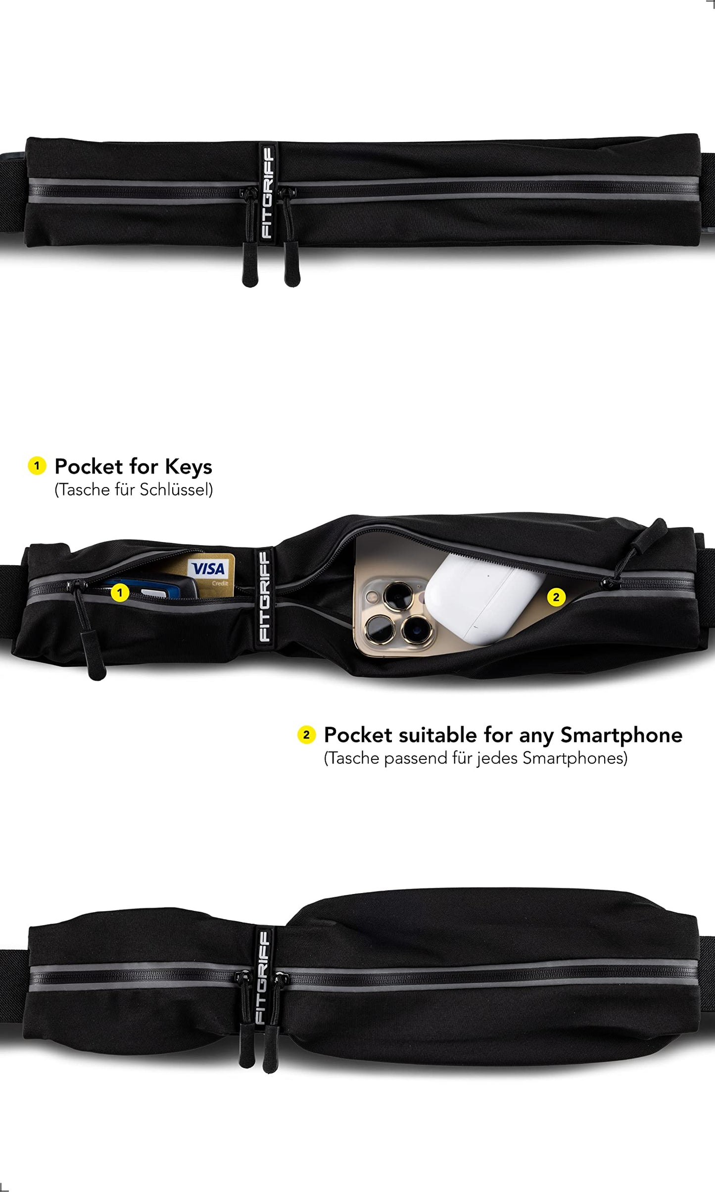 Fitgriff® Running Belt for Men & Women - Secure Jogging Pouch for Phone, Keys & Essentials - For All Cell Phones (Black, 24.5" - 35.5"" Waist Size)"