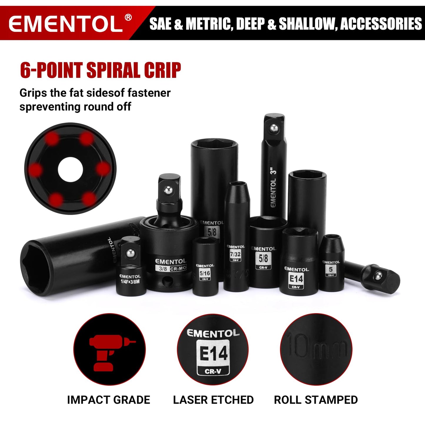 EMENTOL 189-Piece Impact Socket Set, 1/4" & 3/8" Drive Metric and SAE Sizes, CR-V Steel, Includes Deep & Shallow Sockets, Ratchets, Bits, Extensions, Spark Plug Socket & More, with Plastic Tool Case